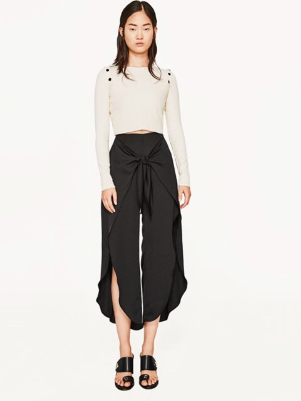 Zara Women's Black Tie-Front slit wide leg pants